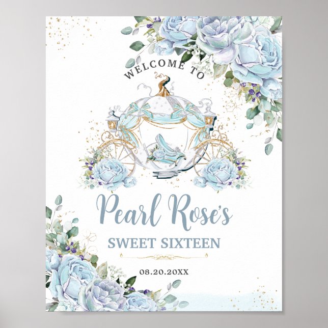 Affiche Chic Bébé Bleu Roses Princesse Carriage Sweet 16 (Devant)