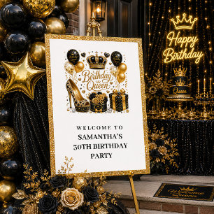 Affiche Chic Bienvenue Reine Anniversaire Or Noir Paillett