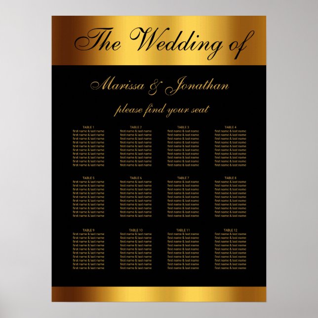 Affiche Chic Black Gold Script Bordure Mariage Siège (Devant)