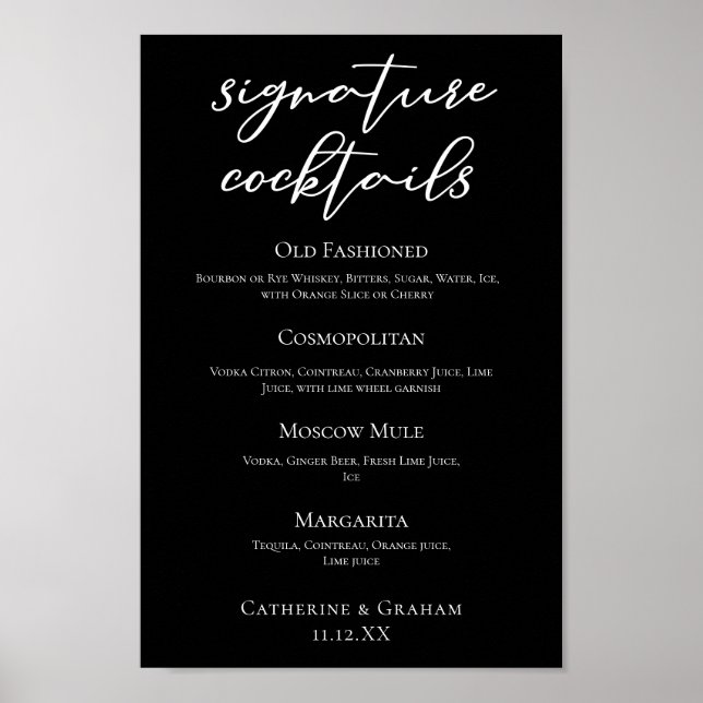 Affiche Chic Black Mariage Signature Cocktails Bar Menu (Devant)