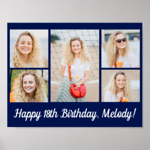 Affiche Chic Bleu Marine Joyeux Anniversaire Collage Photo