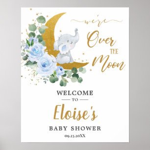 Affiche Chic Blue Floral Elephant Moon Baby shower Bienven
