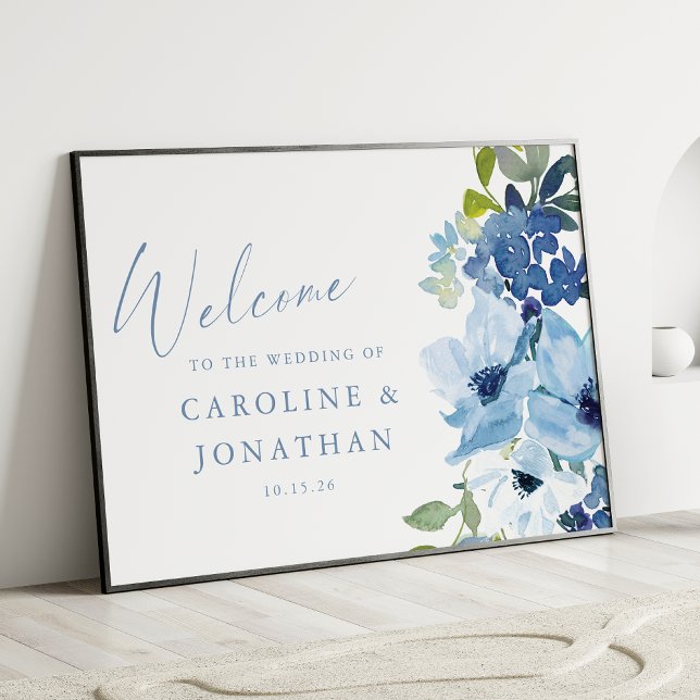 Affiche Chic Blue Watercolor Floral Custom Wedding Bienven (Créateur téléchargé)