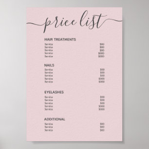Affiche Chic Blush Pink Hair Salon Tarifs Menu Service
