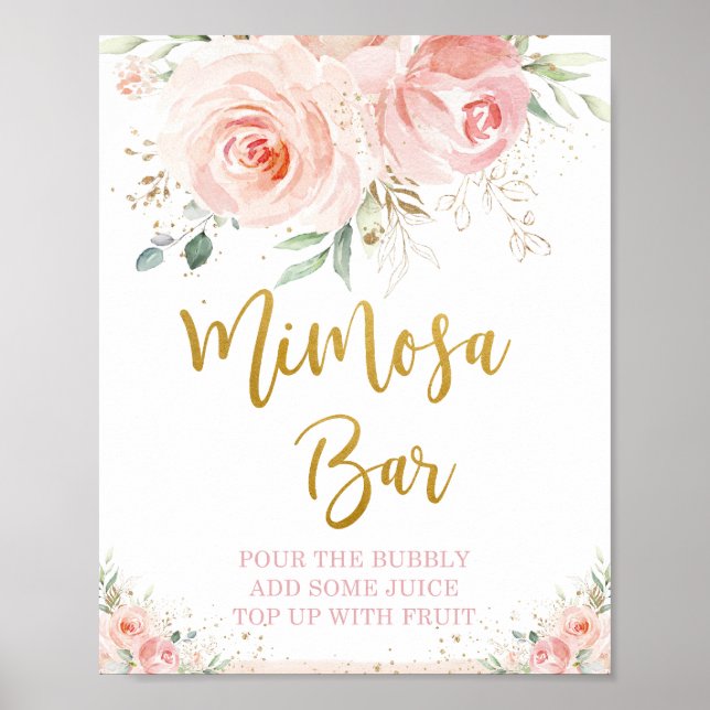 Affiche Chic Blush Rose Floral Mimosa Bar Bubbly Boire (Devant)