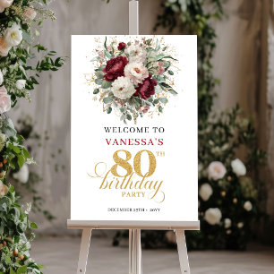 Affiche Chic Bohème Bordeaux Floral Bienvenue pour le 80èm