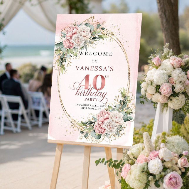 Affiche Chic Boho Blush Rose Eucalyptus 40e Anniversaire B (Chic Boho Blush Pink Eucalyptus 40th Birthday Welcome)