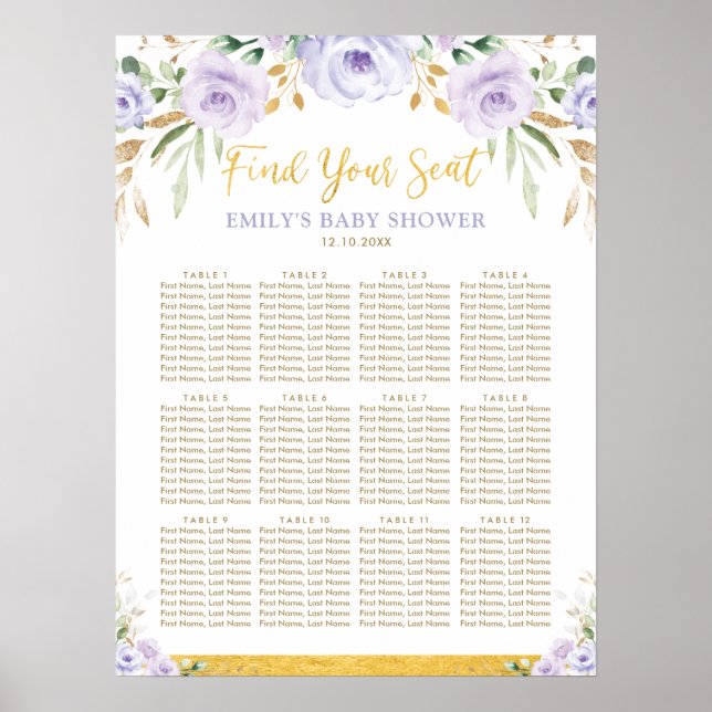 Affiche Chic Boho Purple Floral Girl Baby shower Siège (Devant)