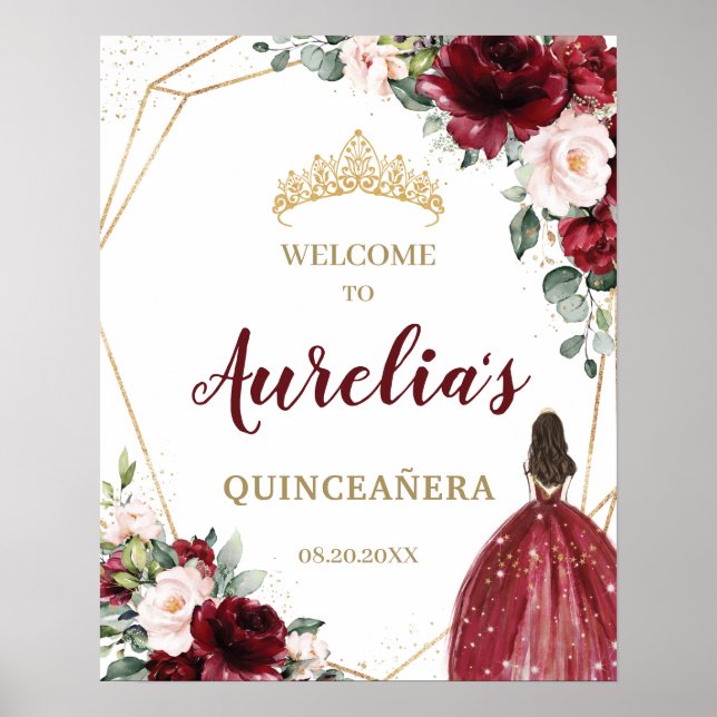 Affiche Chic Bourgogne Blush Floral Quinceañera Bienvenue (Devant)