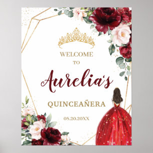 Affiche Chic Bourgogne Blush Rouge Floral Quinceañera Bien