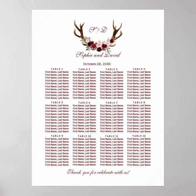 Affiche Chic Burgundy Marsala Floral Antlers Organigramme (Devant)