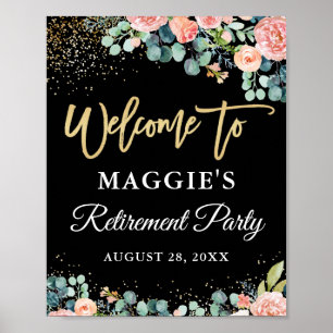 Affiche Chic Coral Floral Gold Retraite Party Bienvenue