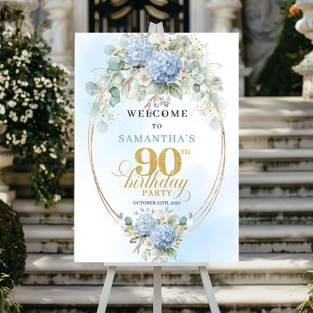 Affiche Chic Dusty Blue Floral 90e anniversaire de bienven (Chic Dusty Blue Floral 90th birthday welcome)