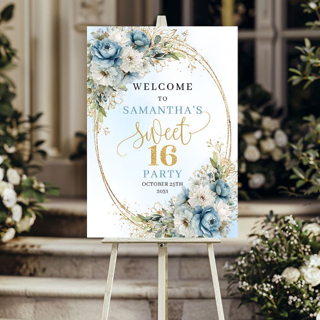 Affiche Chic Dusty Blue Greenery Sweet 16 Welcome (Chic Dusty Blue Greenery Sweet 16 Welcome)