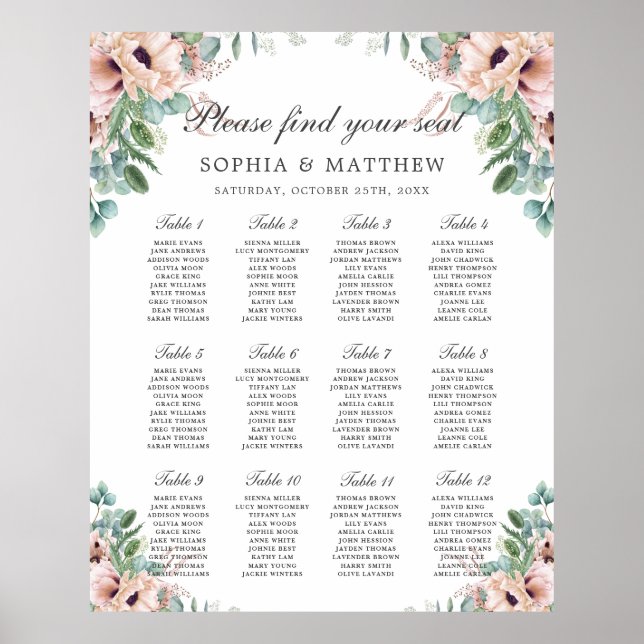 Affiche Chic Dusty Rose Blush Floral Mariage Graphique de  (Devant)