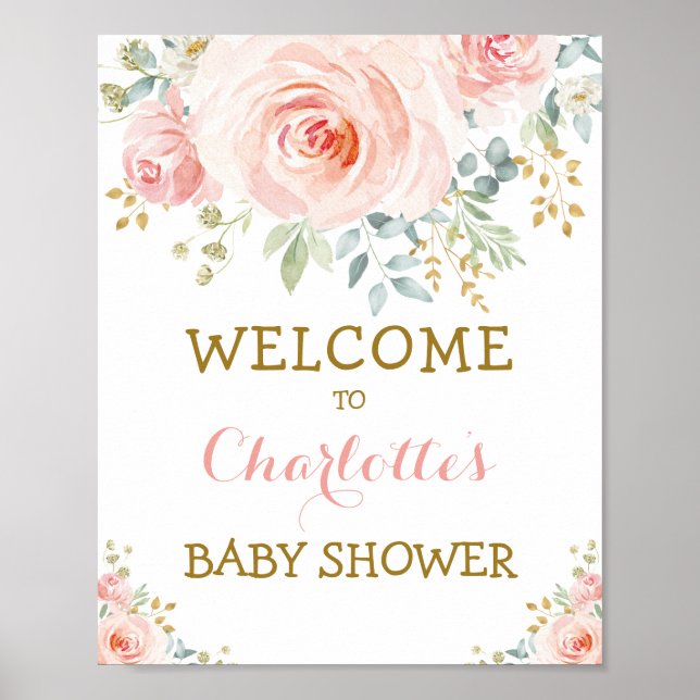 Affiche Chic Fleurs Aquarelle Rose Pâle Or Baby Shower (Devant)