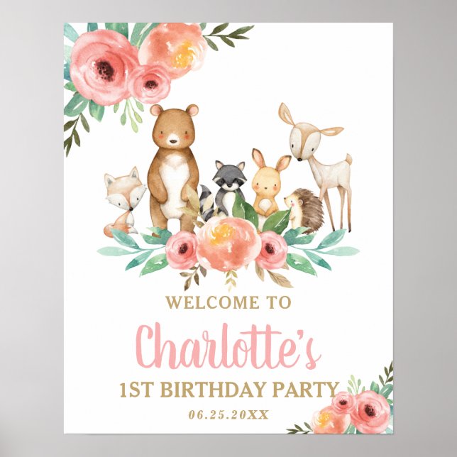 Affiche Chic Floral Bois Animaux 1er anniversaire Bienvenu (Devant)