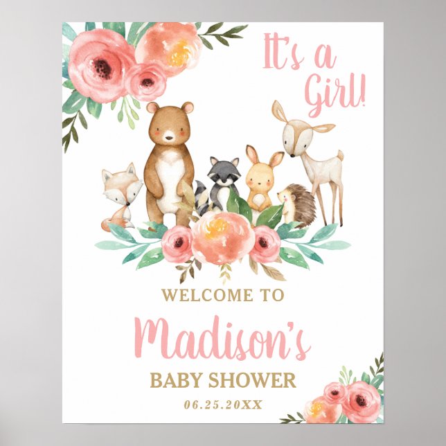 Affiche Chic Floral Bois Animaux Baby shower Bienvenue (Devant)