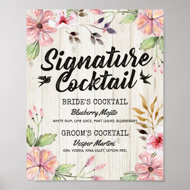 Affiche Chic Floral Mariage Signature Cocktail Menu Boisso (Devant)