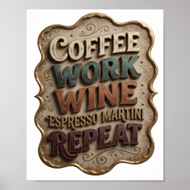 Affiche Chic Gold CAFÉ TRAVAIL VIN ESPRESSO MARTINI RÉPÉTE (Devant)