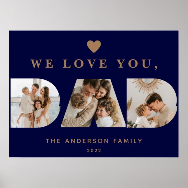 Affiche Chic Gold Navy Blue Custom Trois Papa Script Photo (Devant)