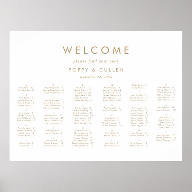 Affiche Chic Gold Typographie Horizontal Seating Chart (Devant)