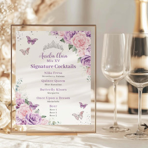 Affiche Chic Lilac Rose Floral Quinceanera Bar Menu Boisso