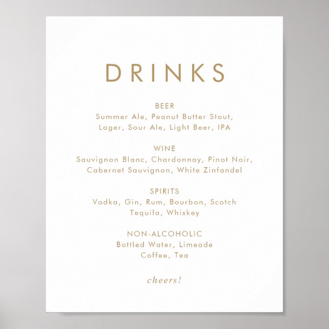 Affiche Chic Mariage de typographie or Boissons Menu Signe (Devant)