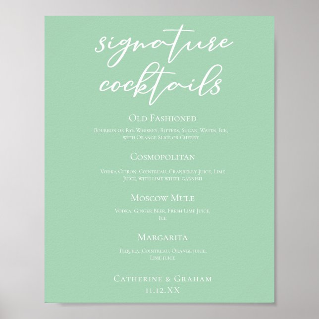 Affiche Chic Mint Green Mariage Signature Cocktails Menu (Devant)