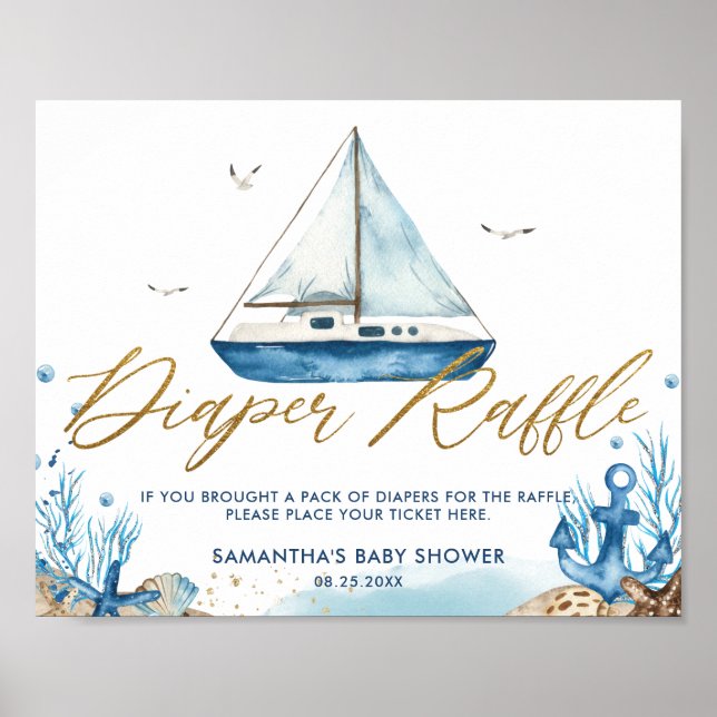 Affiche Chic Nautical Boat Gold Baby shower Déchets Raffle (Devant)