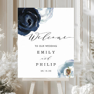 Affiche Chic Navy Blue Peony Floral Mariage Bienvenue