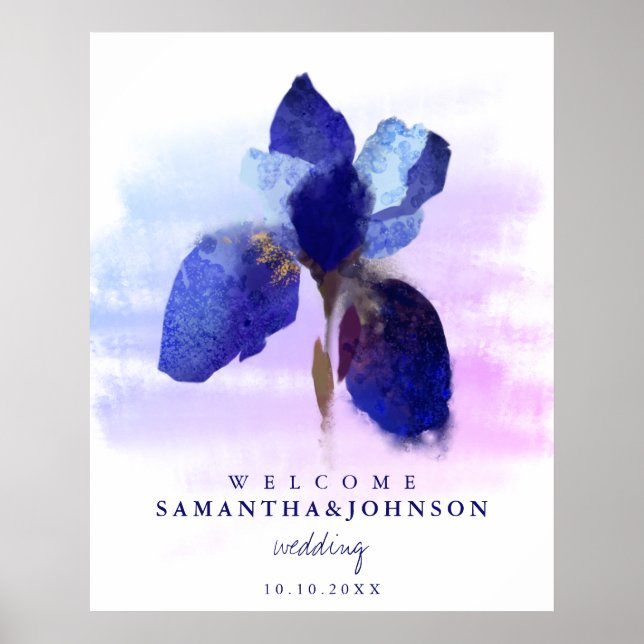 Affiche Chic Ombre Blue Iris Watercolor Mariage Floral (Devant)