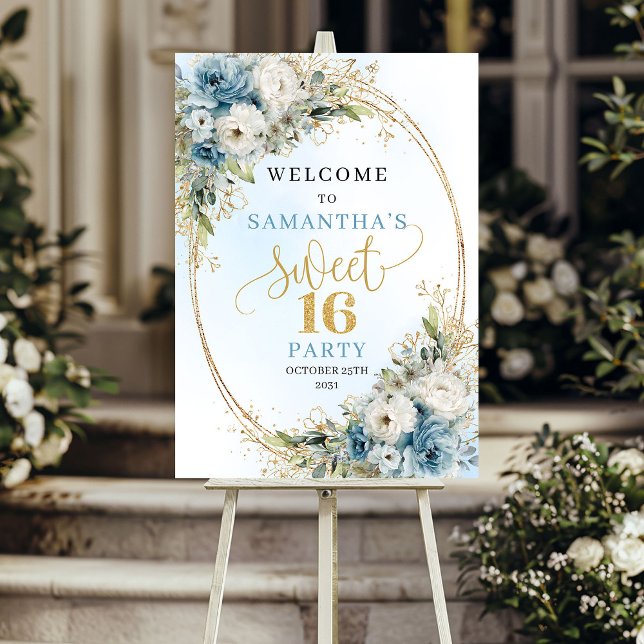 Affiche Chic Pastel Bleu Verdure Sweet 16 (Chic Pastel Blue Greenery Sweet 16 Poster)