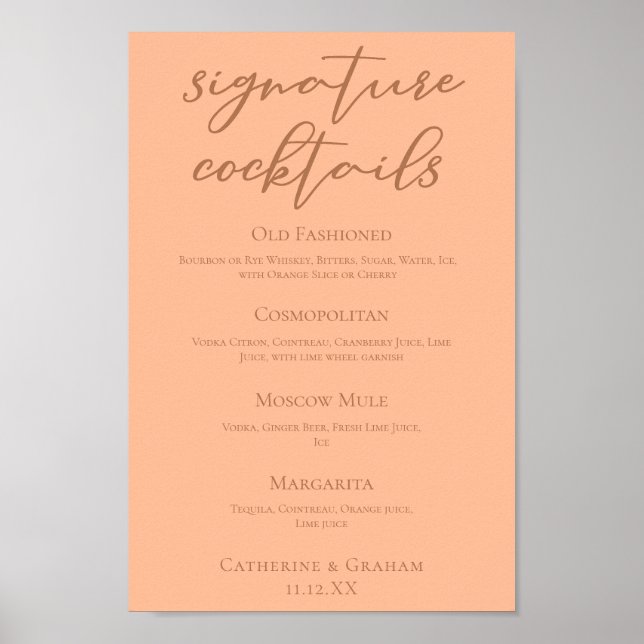 Affiche Chic Peach Summer Mariage Signature Cocktails Menu (Devant)