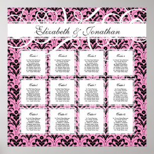 Affiche Chic Pink and Black 12 Wedding Table Seating Chart
