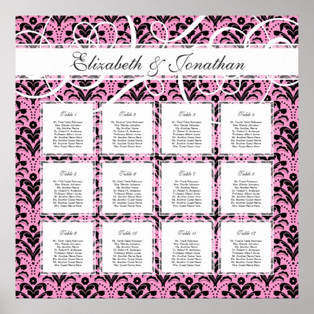 Affiche Chic Pink and Black 12 Wedding Table Seating Chart (Devant)