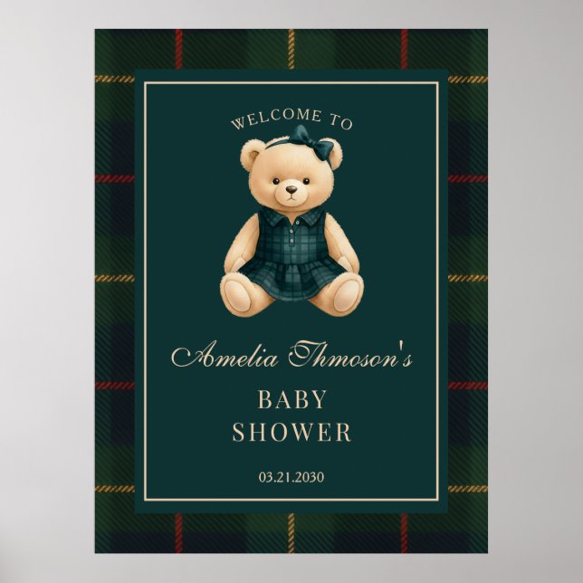 Affiche Chic Preppy Teddy Bear Baby Shower Welcome  (Devant)