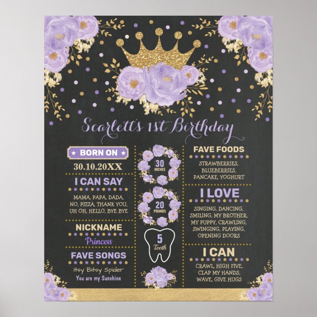 Affiche Chic Purple Gold Floral Crown Princess Milestone (Devant)