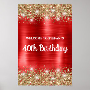 Affiche Chic Red Gold Glittery Foil 40e anniversaire Bienv