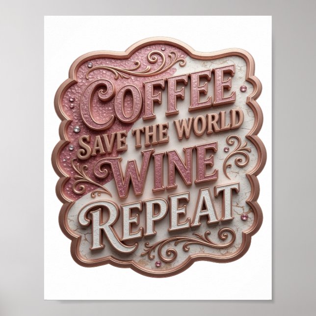 Affiche Chic Rose COFFEE SAUVE LE MONDE VIN RÉPÈTE (Devant)