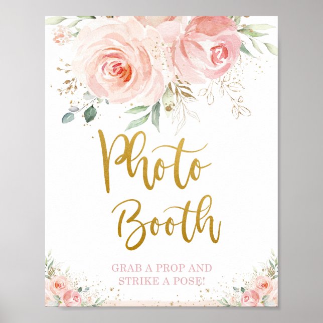 Affiche Chic Rose Pâle Floral Feuillage Doré Photobooth (Devant)