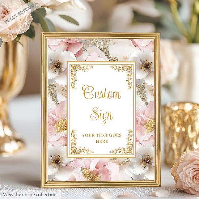 Affiche Chic rose poussiéreux fleurs et or mariage 8x10 si (Chic dusty pink flowers and gold wedding 8x10 sign)
