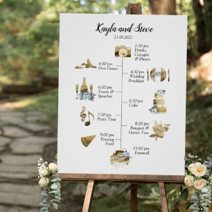 Affiche Chic Rustic Gold Watercolor Wedding Timeline Sign