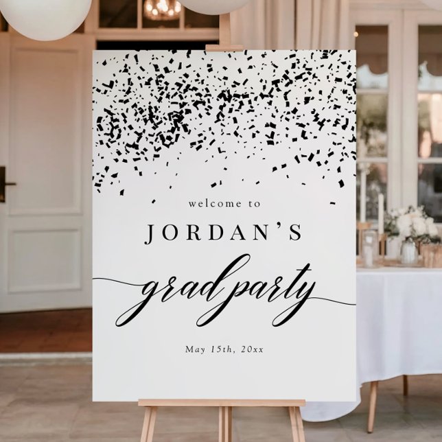 Affiche Chic Script Black Confetti Graduation Party Sign (Créateur téléchargé)