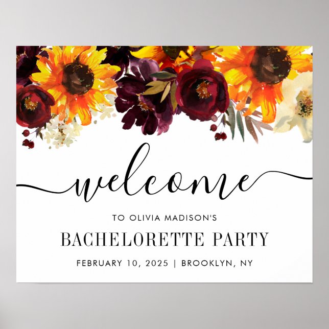 Affiche Chic Sunflower Bourgogne Bachelorette Bienvenue (Devant)