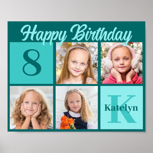 Affiche Chic Teal Birthday Party Custom Photo Collage (Devant)