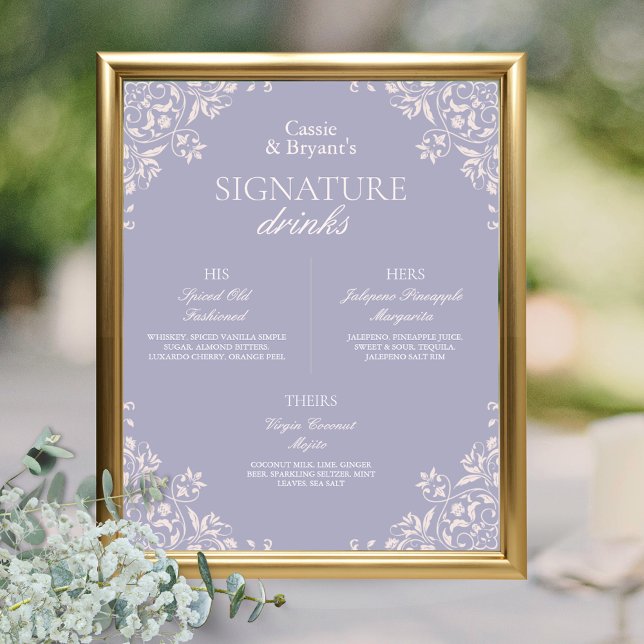 Affiche Chic Violet Français Lilac Mariage Signature Boiss (elegant purple lavender french lilac wedding bar menu signature drinks sign for her him them poster)