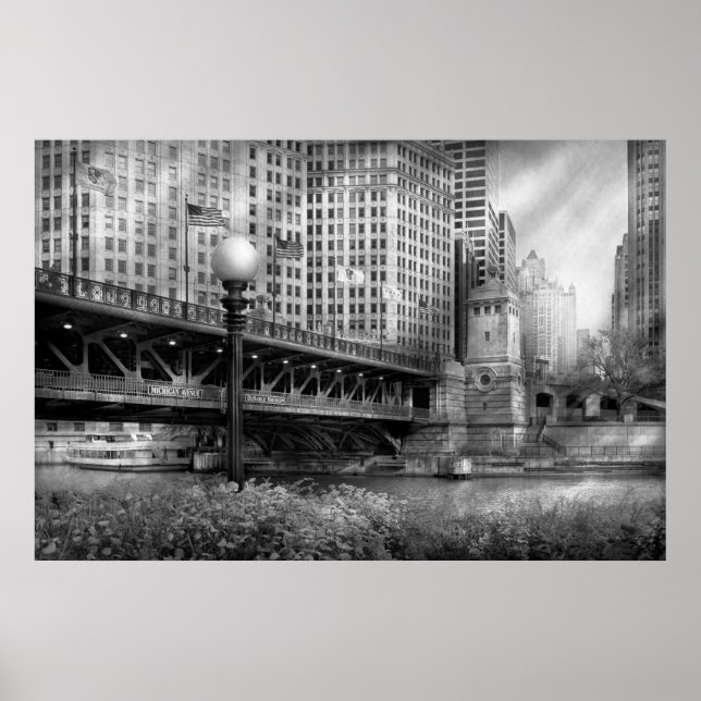 Affiche Chicago, IL - Pont DuSable construit en 1920  - NB (Devant)