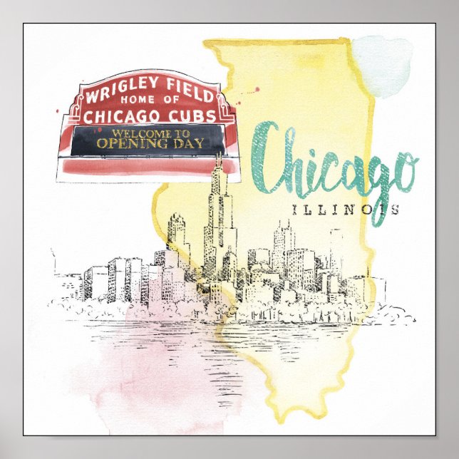 Affiche Chicago, Illinois | Image d'esquisse d'aquarelle (Devant)