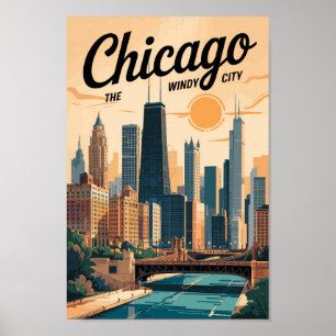 Affiche Chicago Illinois Skyline Travel Art Vintage